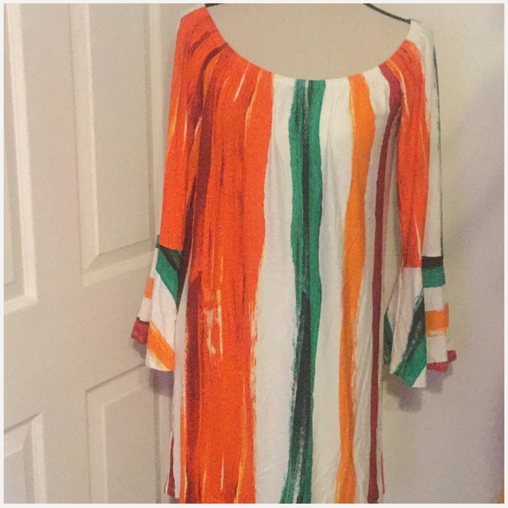 ❌DONATED❌Orange Multi-Color Stripe Off The Shoulders Bell Sleeve Dress - Picture 4 of 9